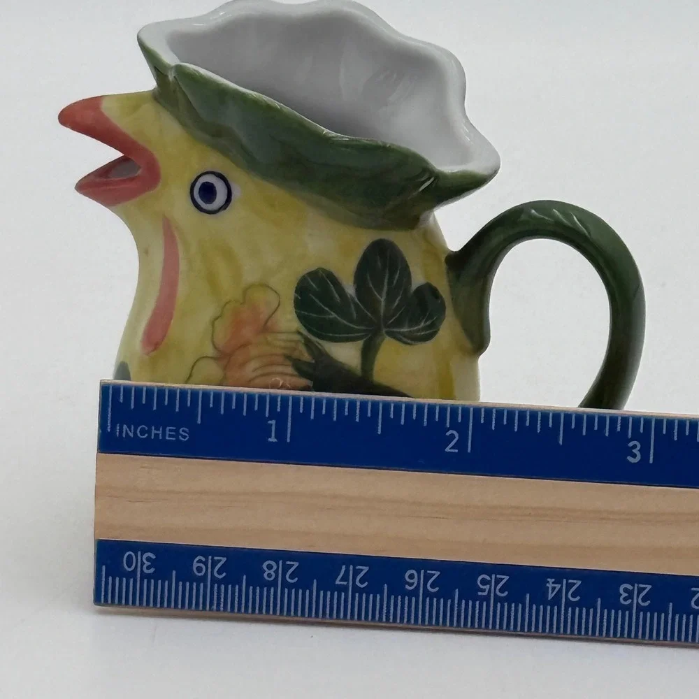 Vtg Ceramic Chicken Creamer Pitcher Yellow Floral Hand Painted Farmhouse 3.5